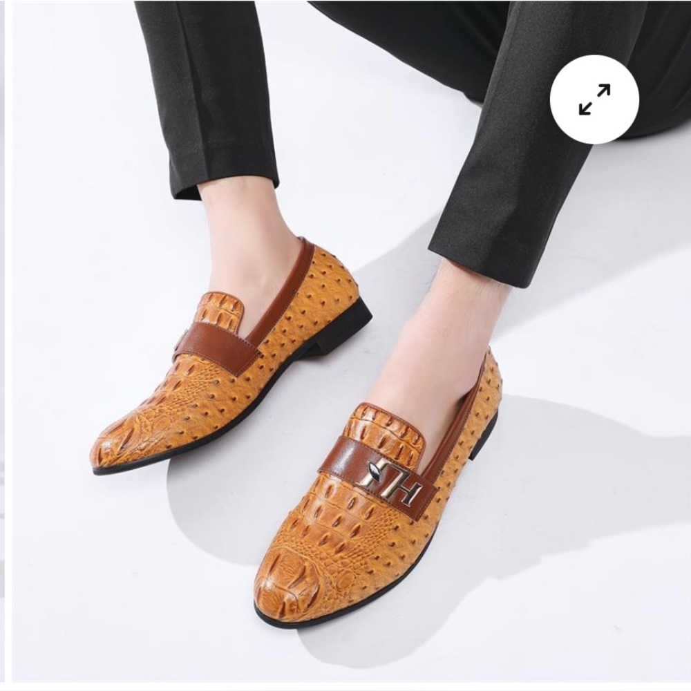 XQWFH CROCODILE TEXTURE HAND MADE LEATHER LOAFER W/GOLD FH MENS 13 TAN BROWN NEW